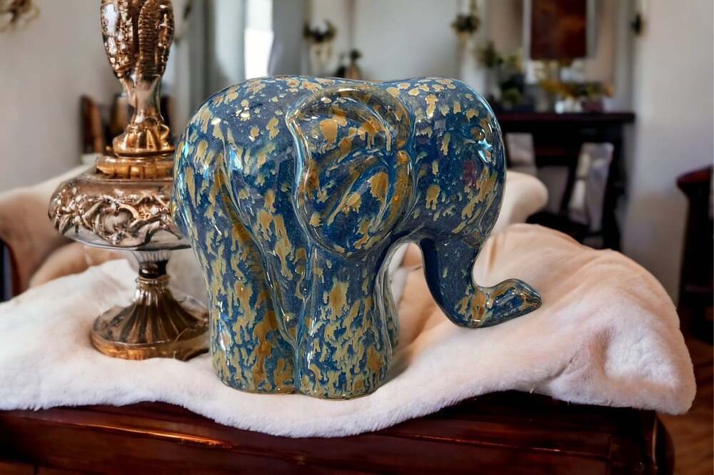 Ceramic Trunk Up Elephant Figurine Blue With Gold Pattern Glazed